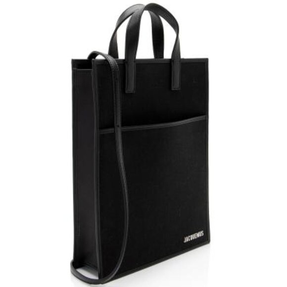 $840 JACQUEMEUS Le Cabas Tote black leather canvas silver logo XL vertic… - Picture 1 of 16